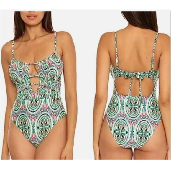 Becca Mosaic Print One-Piece Cutout Front Swimsuit Size Medium MSRP $138 - Picture 2 of 11